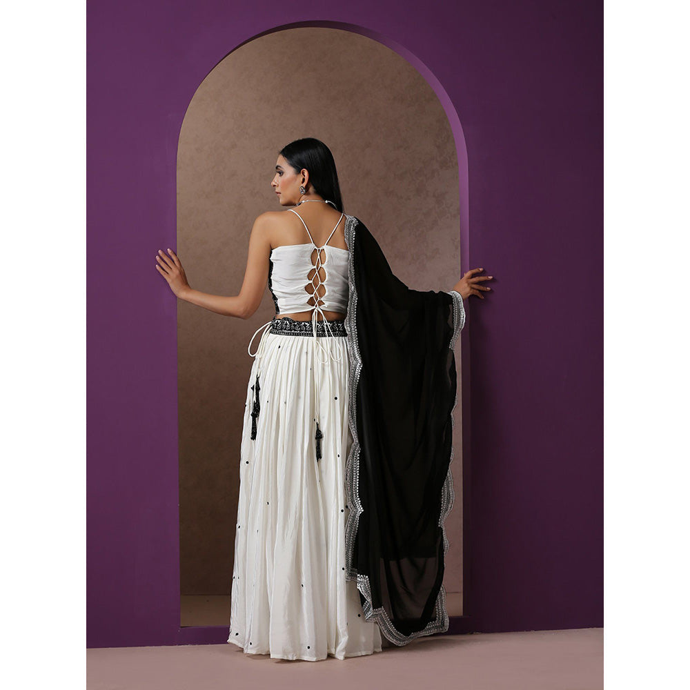 WAZIR C Black And White Lehenga Blouse with Dupatta (Set of 3)