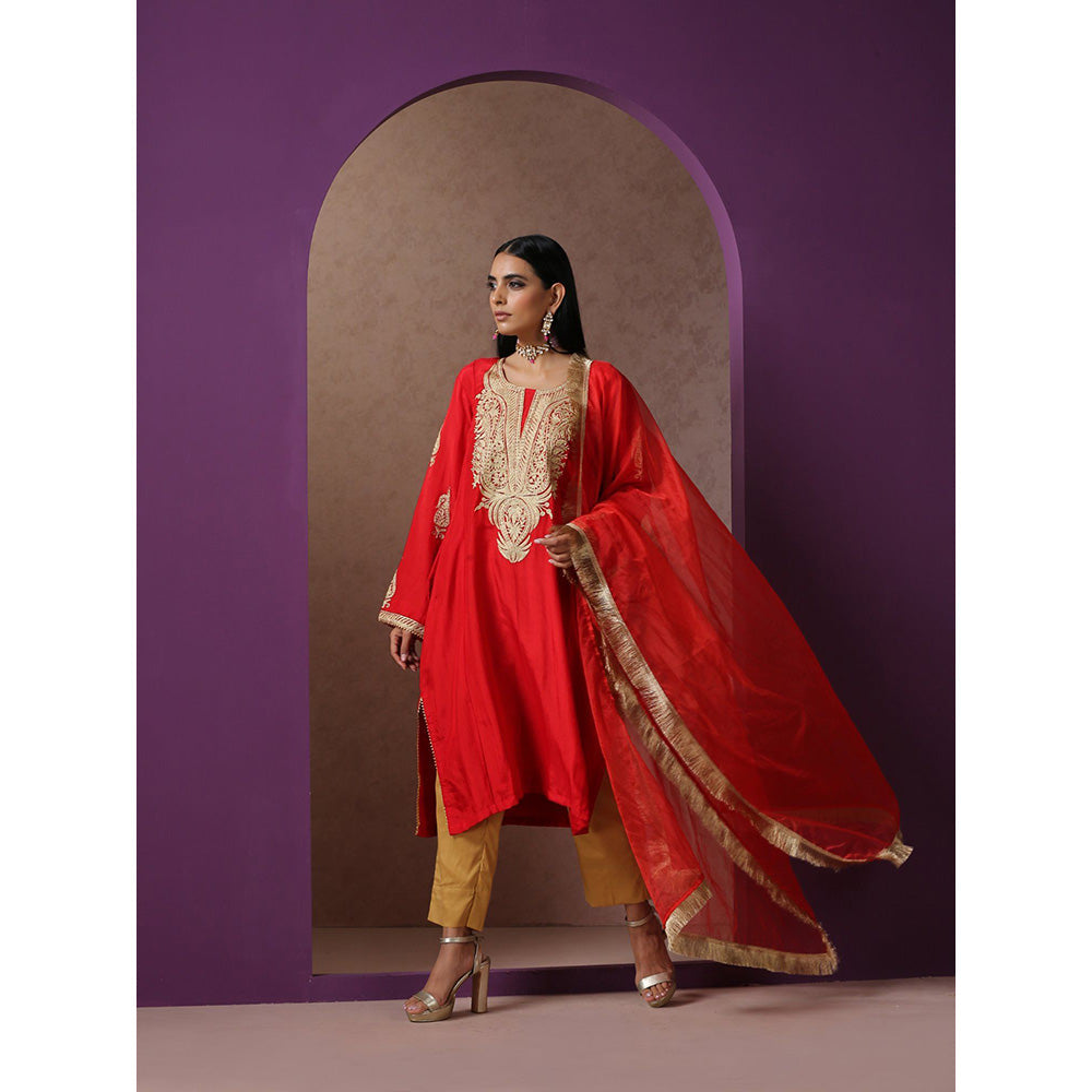 WAZIR C Red And Golden Kurta with Pant (Set of 3)