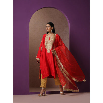 WAZIR C Red And Golden Kurta with Pant (Set of 3)