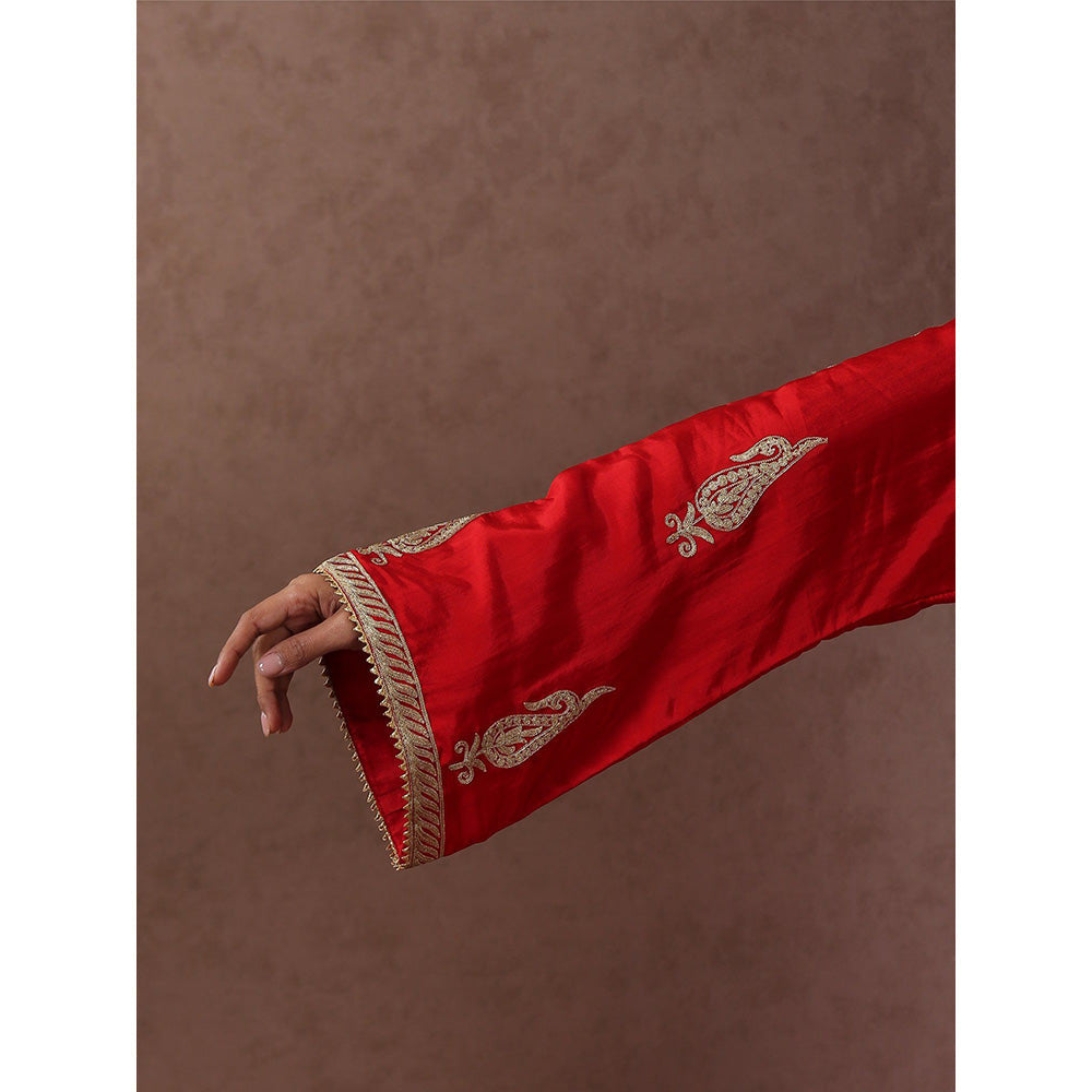 WAZIR C Red And Golden Kurta with Pant (Set of 3)