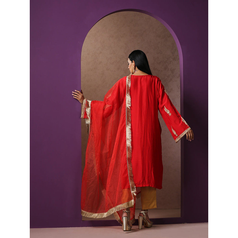 WAZIR C Red And Golden Kurta with Pant (Set of 3)