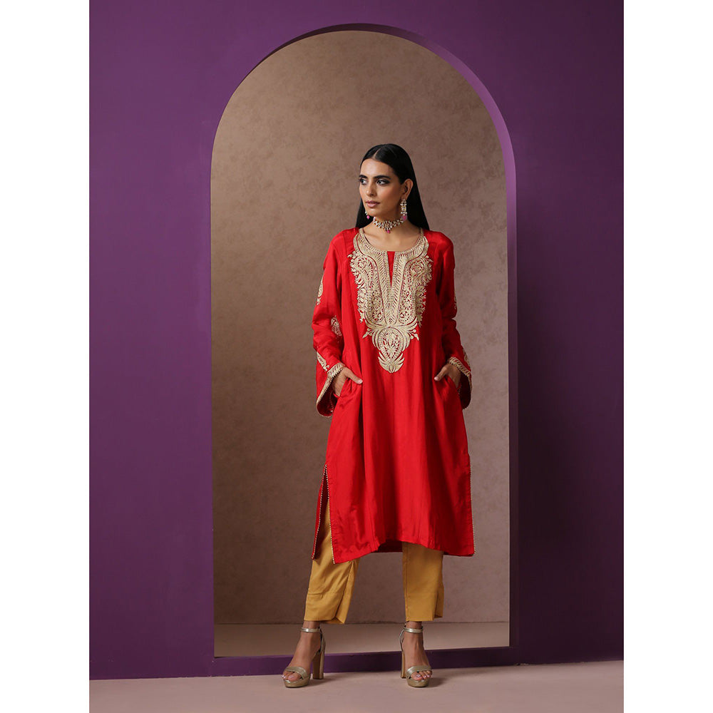 WAZIR C Red And Golden Kurta with Pant (Set of 3)