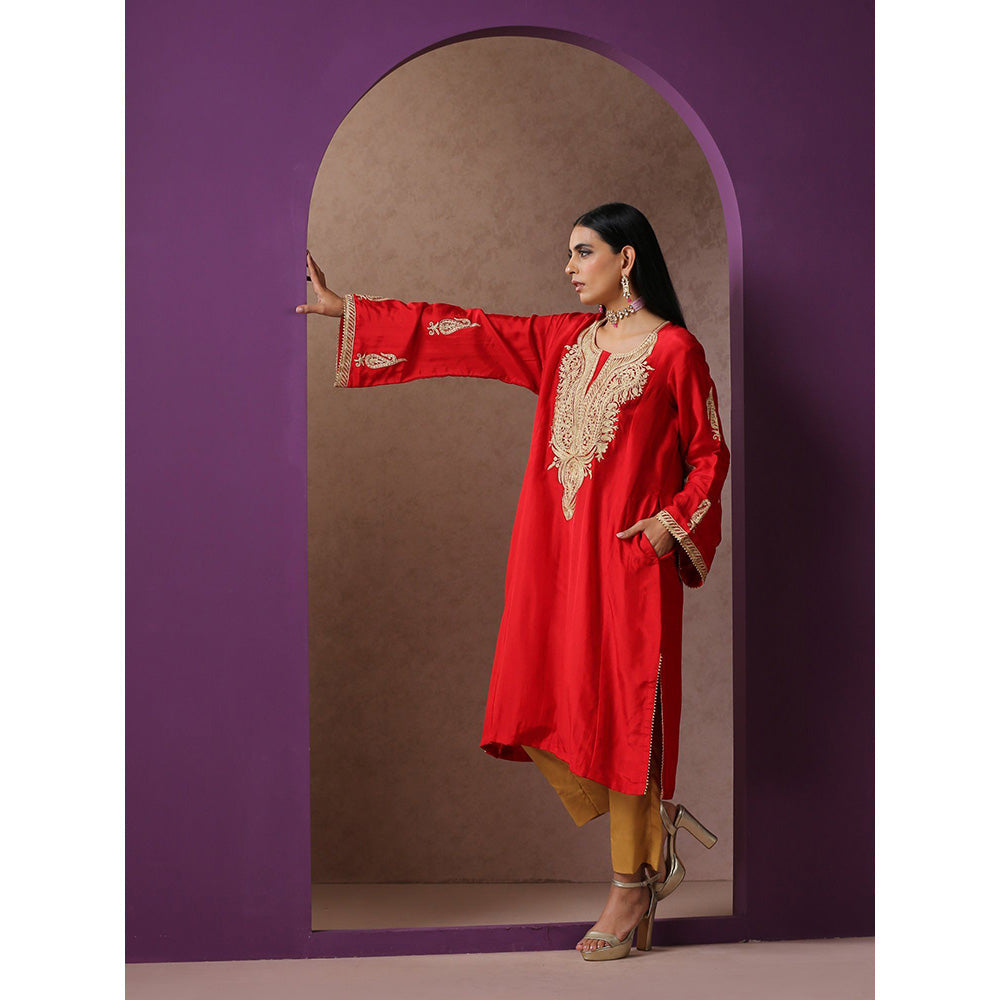 WAZIR C Red And Golden Kurta with Pant (Set of 3)