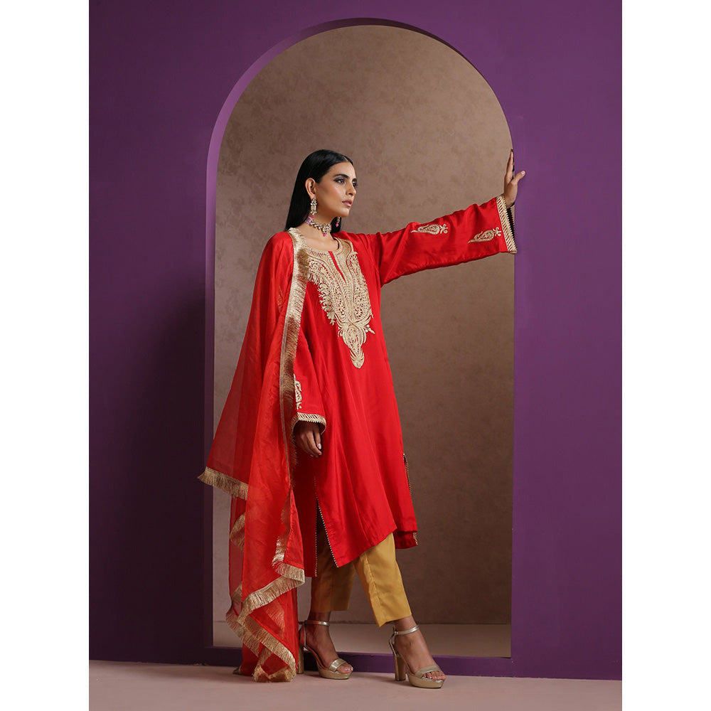 WAZIR C Red And Golden Kurta with Pant (Set of 3)