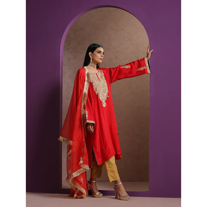 WAZIR C Red And Golden Kurta with Pant (Set of 3)