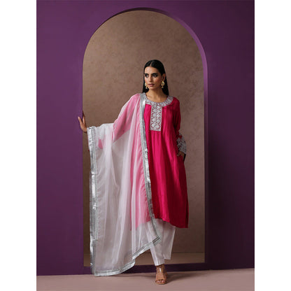 WAZIR C Hot Pink And White Kurta Pant & Dupatta (Set of 3)