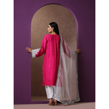 WAZIR C Hot Pink And White Kurta Pant & Dupatta (Set of 3)