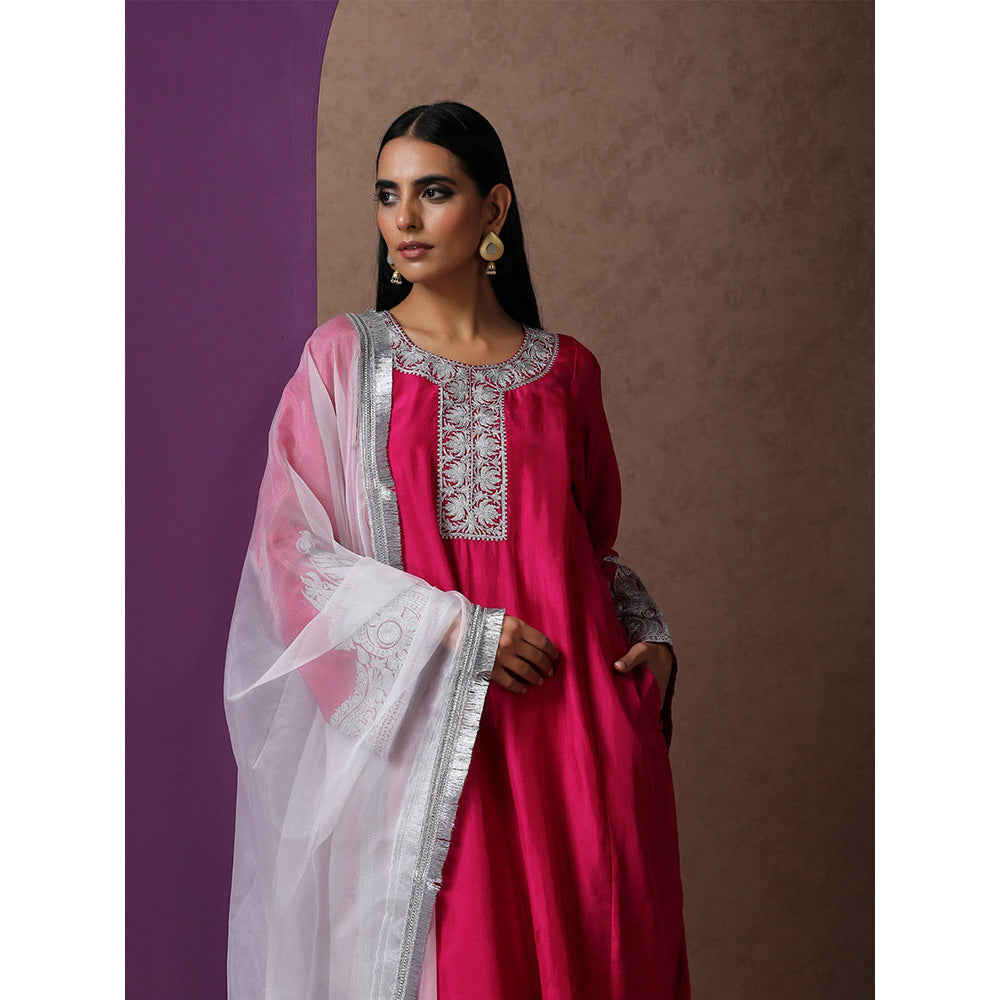 WAZIR C Hot Pink And White Kurta Pant & Dupatta (Set of 3)