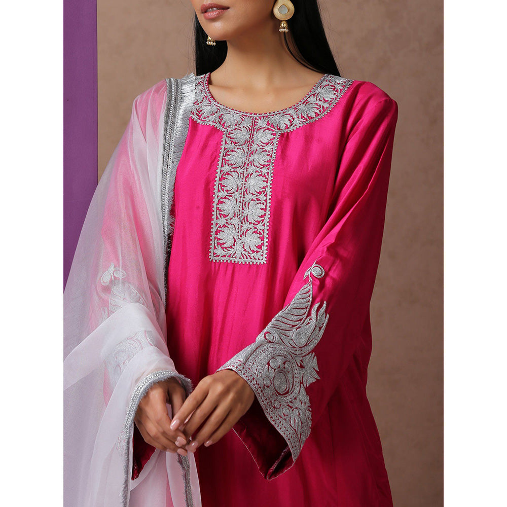 WAZIR C Hot Pink And White Kurta Pant & Dupatta (Set of 3)