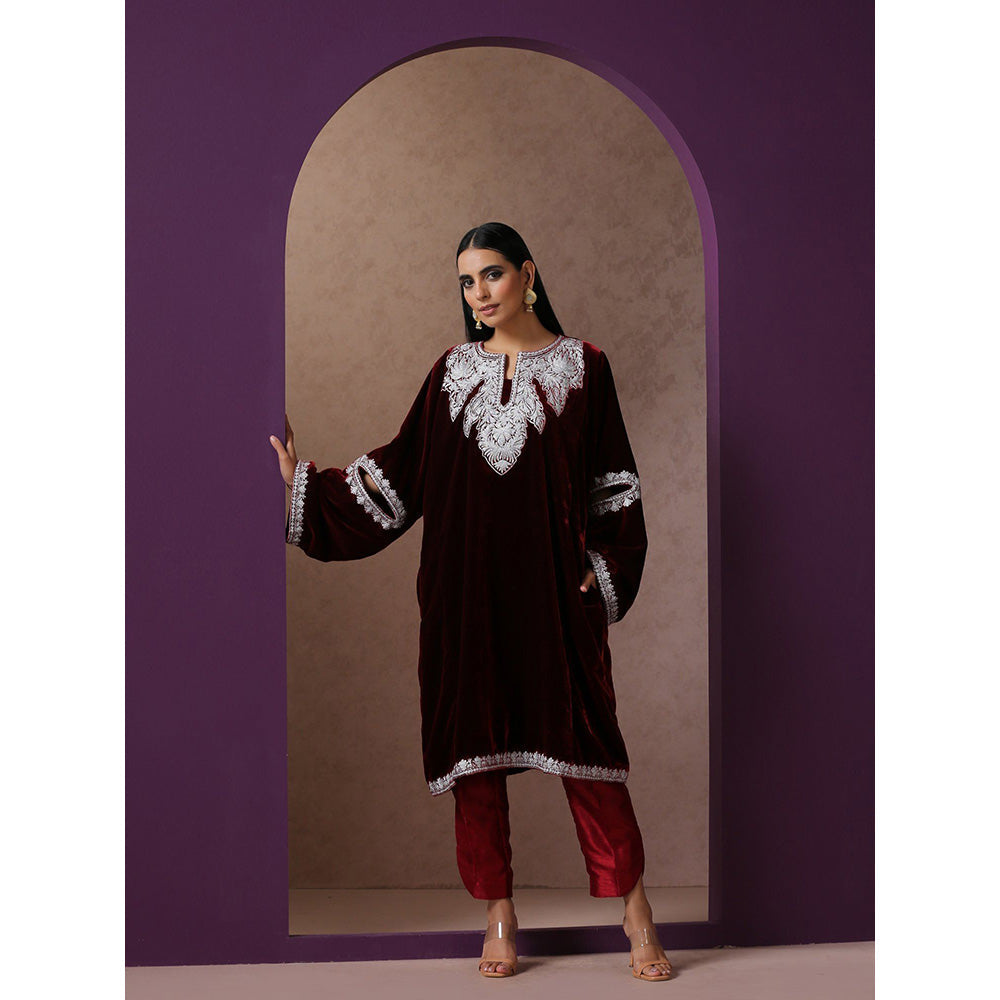 WAZIR C Maroon Pheran with Pant (Set of 2)