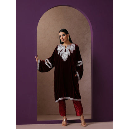 WAZIR C Maroon Pheran with Pant (Set of 2)