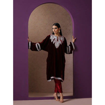 WAZIR C Maroon Pheran with Pant (Set of 2)