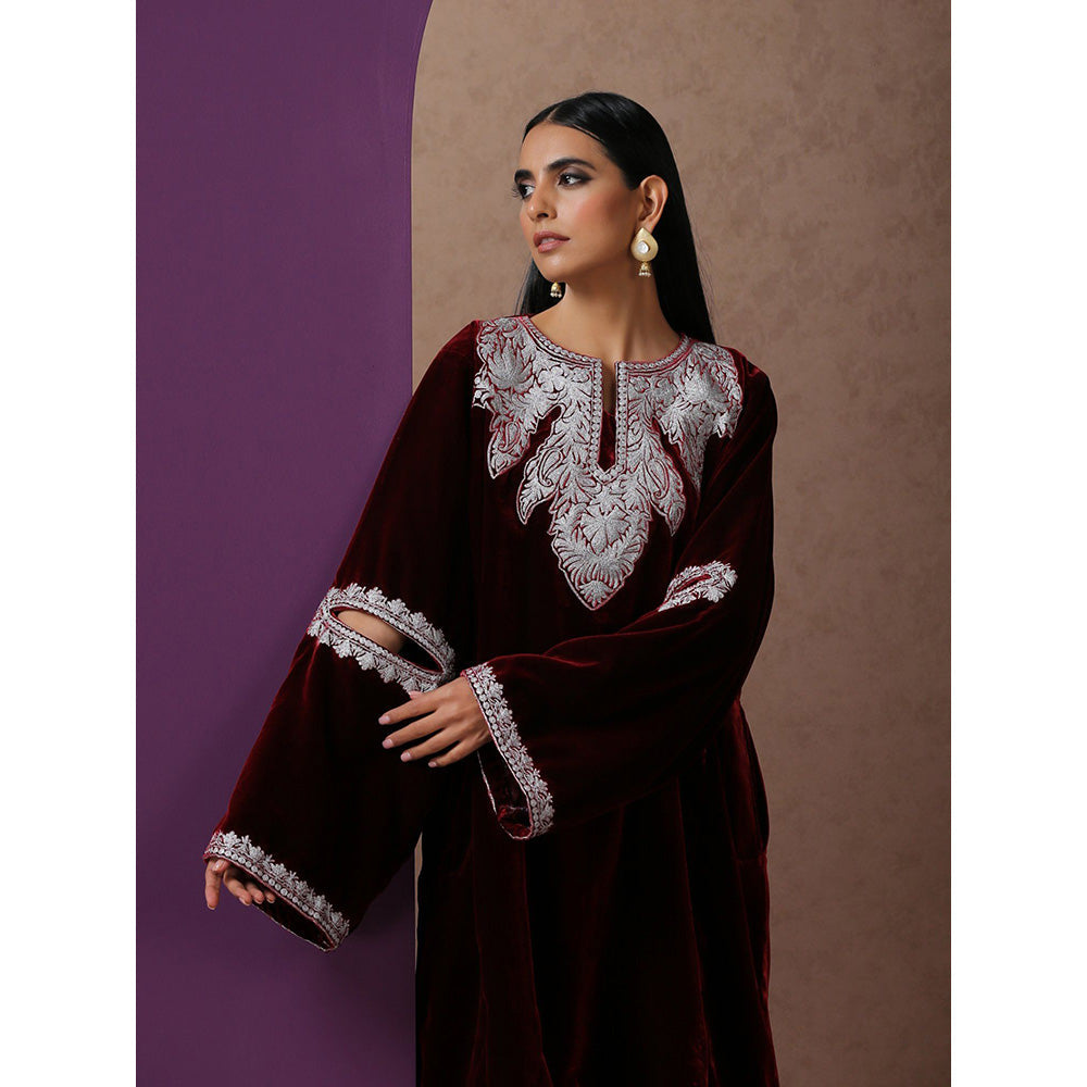 WAZIR C Maroon Pheran with Pant (Set of 2)