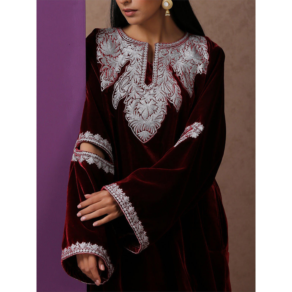 WAZIR C Maroon Pheran with Pant (Set of 2)