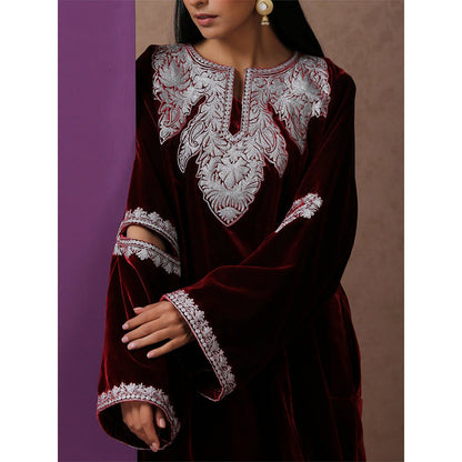 WAZIR C Maroon Pheran with Pant (Set of 2)