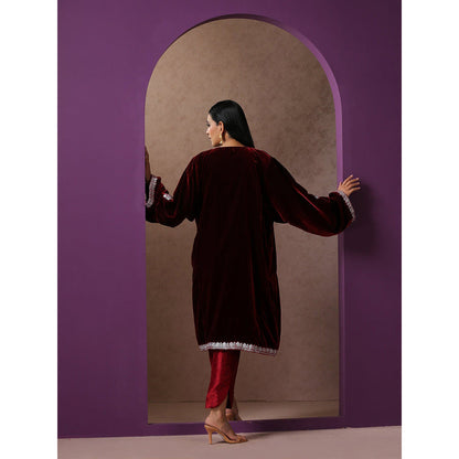 WAZIR C Maroon Pheran with Pant (Set of 2)