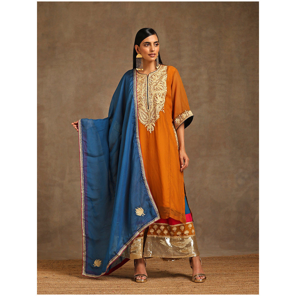 WAZIR C Mustard And Blue Kurta with Pant & Dupatta (Set of 3)