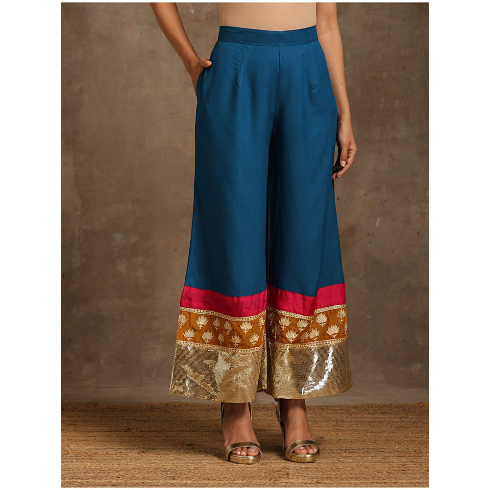 WAZIR C Mustard And Blue Kurta with Pant & Dupatta (Set of 3)