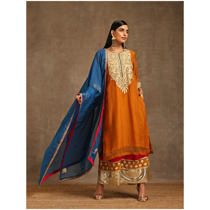 WAZIR C Mustard And Blue Kurta with Pant & Dupatta (Set of 3)