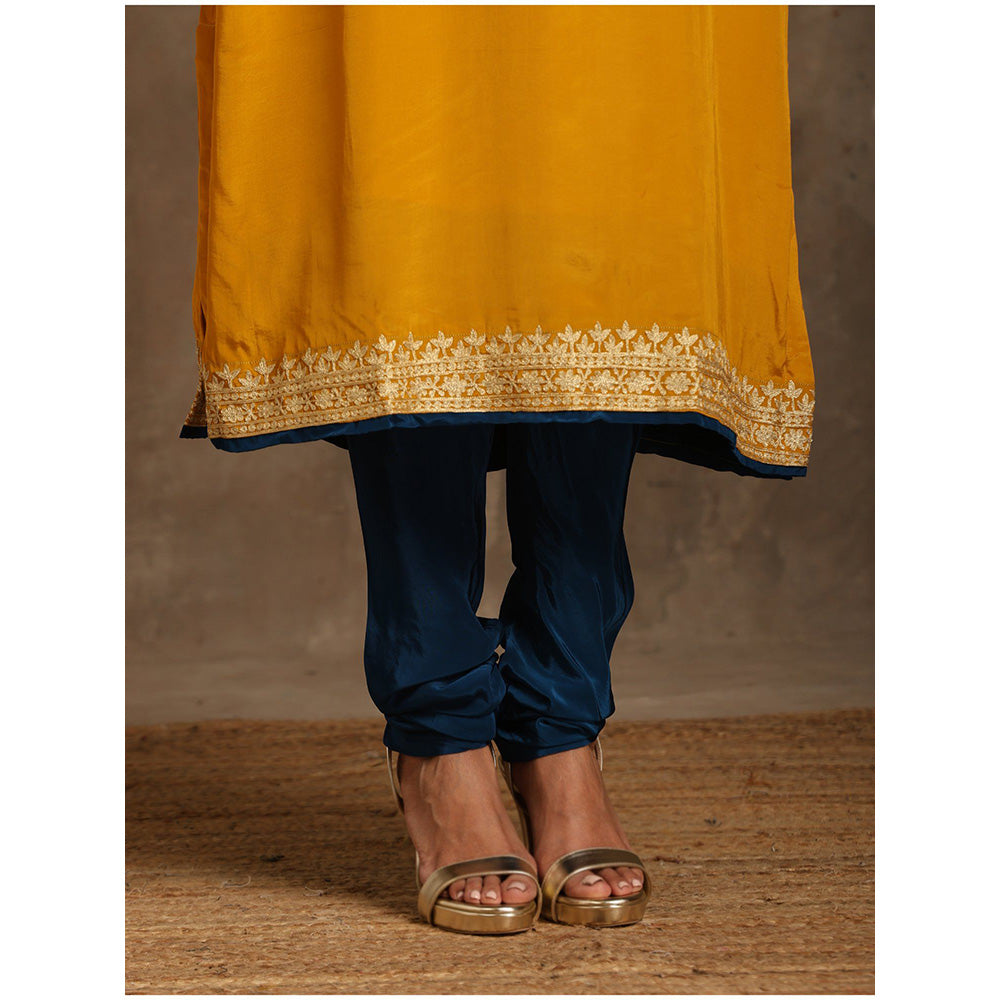 WAZIR C Mustard And Blue Kurta with Churidar (Set of 2)