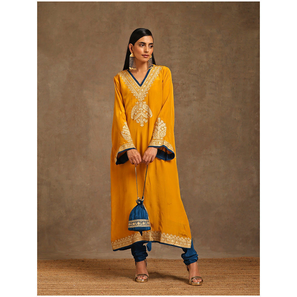 WAZIR C Mustard And Blue Kurta with Churidar (Set of 2)