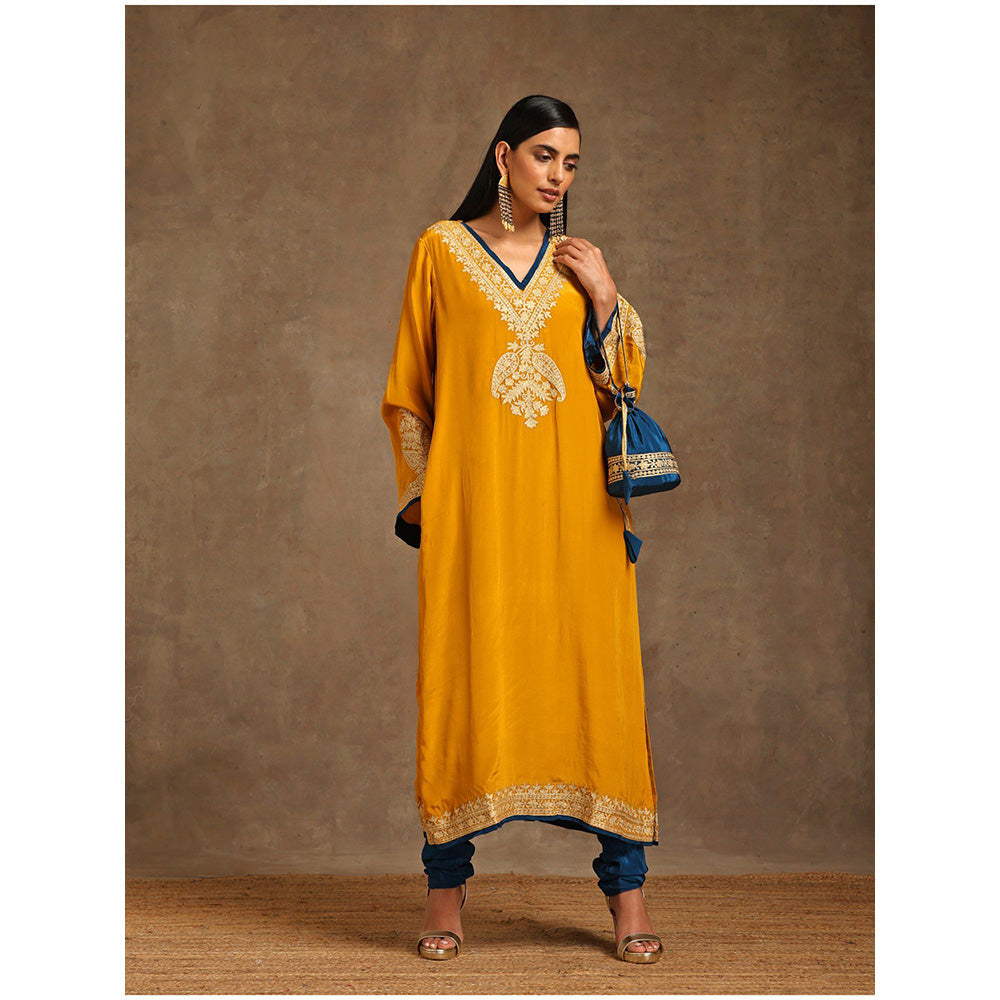 WAZIR C Mustard And Blue Kurta with Churidar (Set of 2)