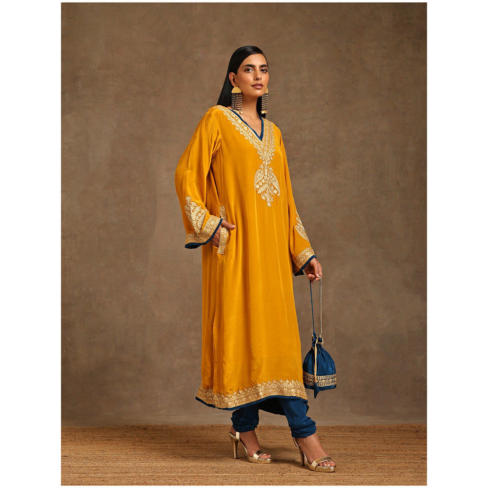 WAZIR C Mustard And Blue Kurta with Churidar (Set of 2)