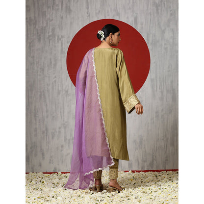 WAZIR C Green And Purple Kurta with Pant (Set of 3)