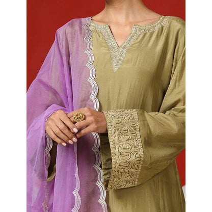 WAZIR C Green And Purple Kurta with Pant (Set of 3)