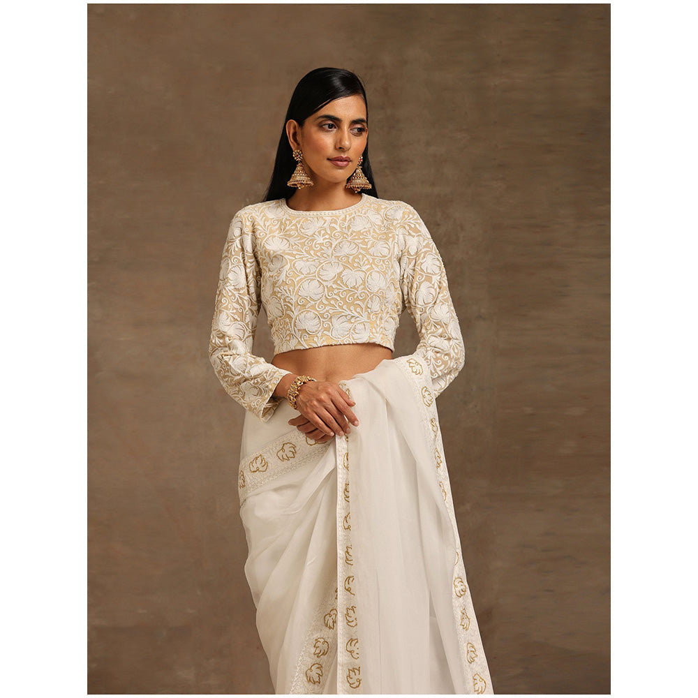 WAZIR C Off White Saree with Full Sleeve Blouse