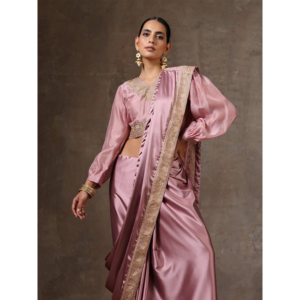 WAZIR C Dust Pink Saree with Balloon Sleeve Blouse