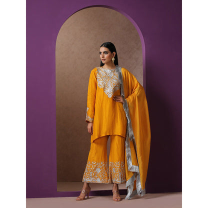 WAZIR C Mustard Kurta with Bell Bottom Pant & Dupatta (Set of 3)