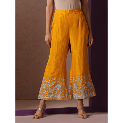 WAZIR C Mustard Kurta with Bell Bottom Pant & Dupatta (Set of 3)