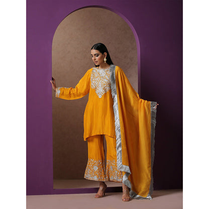 WAZIR C Mustard Kurta with Bell Bottom Pant & Dupatta (Set of 3)