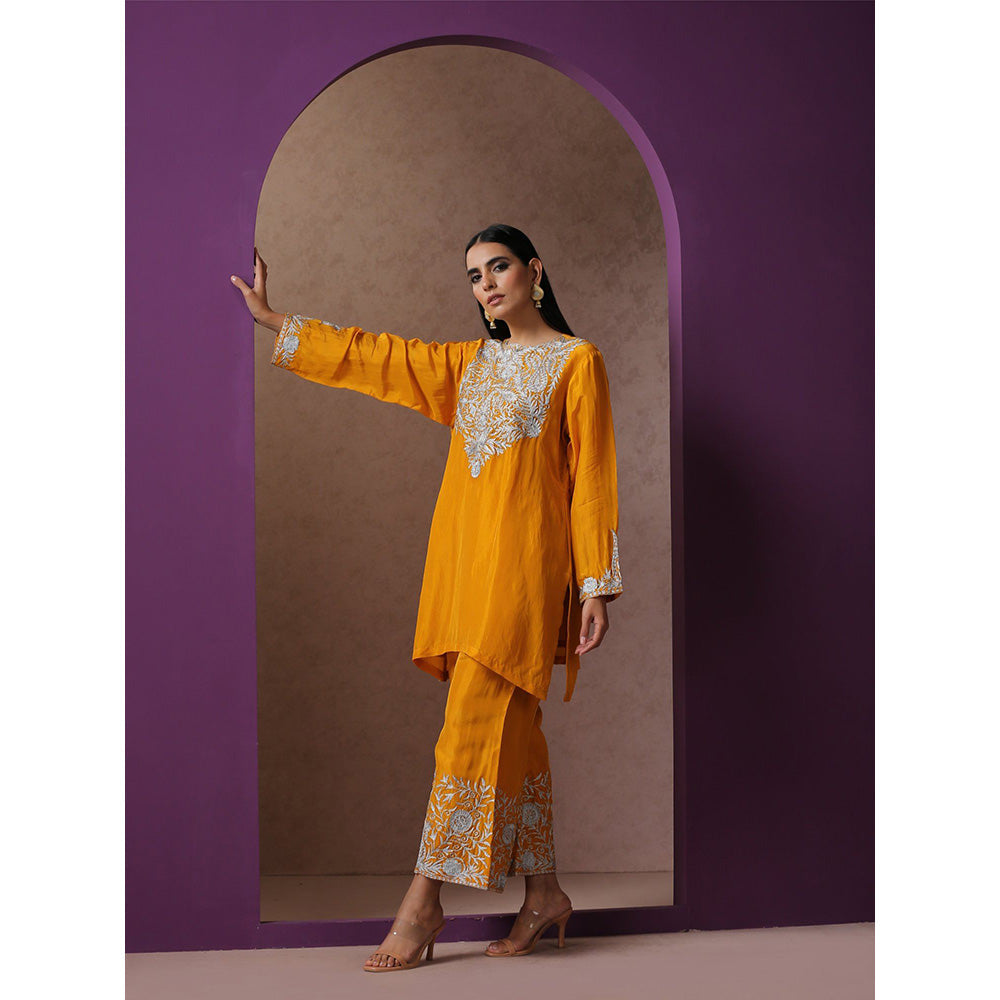 WAZIR C Mustard Kurta with Bell Bottom Pant & Dupatta (Set of 3)
