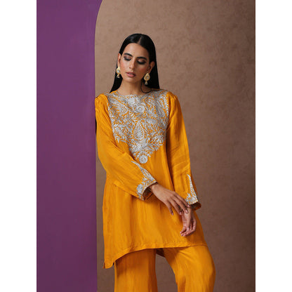 WAZIR C Mustard Kurta with Bell Bottom Pant & Dupatta (Set of 3)