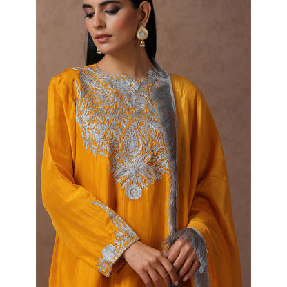 WAZIR C Mustard Kurta with Bell Bottom Pant & Dupatta (Set of 3)