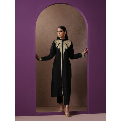 WAZIR C Black Achkan Kurta with Black Straight Fit Pants (Set of 2)