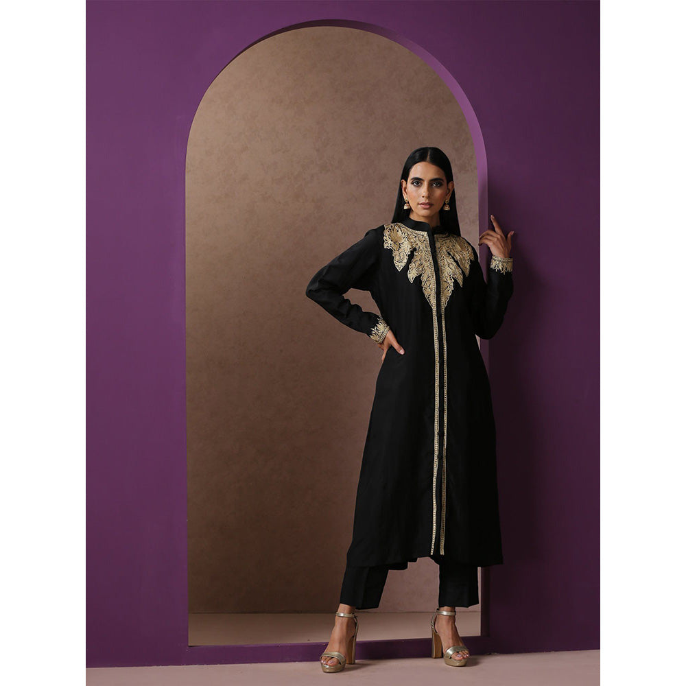 WAZIR C Black Achkan Kurta with Black Straight Fit Pants (Set of 2)