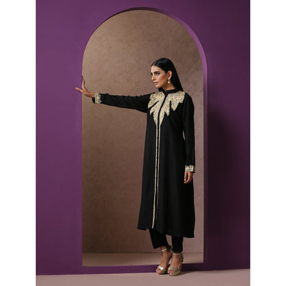 WAZIR C Black Achkan Kurta with Black Straight Fit Pants (Set of 2)