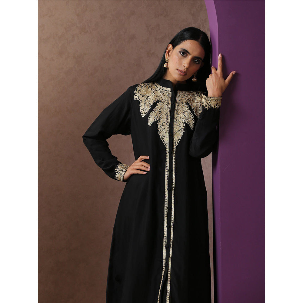 WAZIR C Black Achkan Kurta with Black Straight Fit Pants (Set of 2)