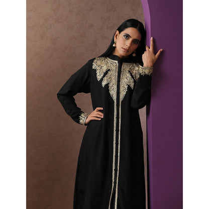 WAZIR C Black Achkan Kurta with Black Straight Fit Pants (Set of 2)