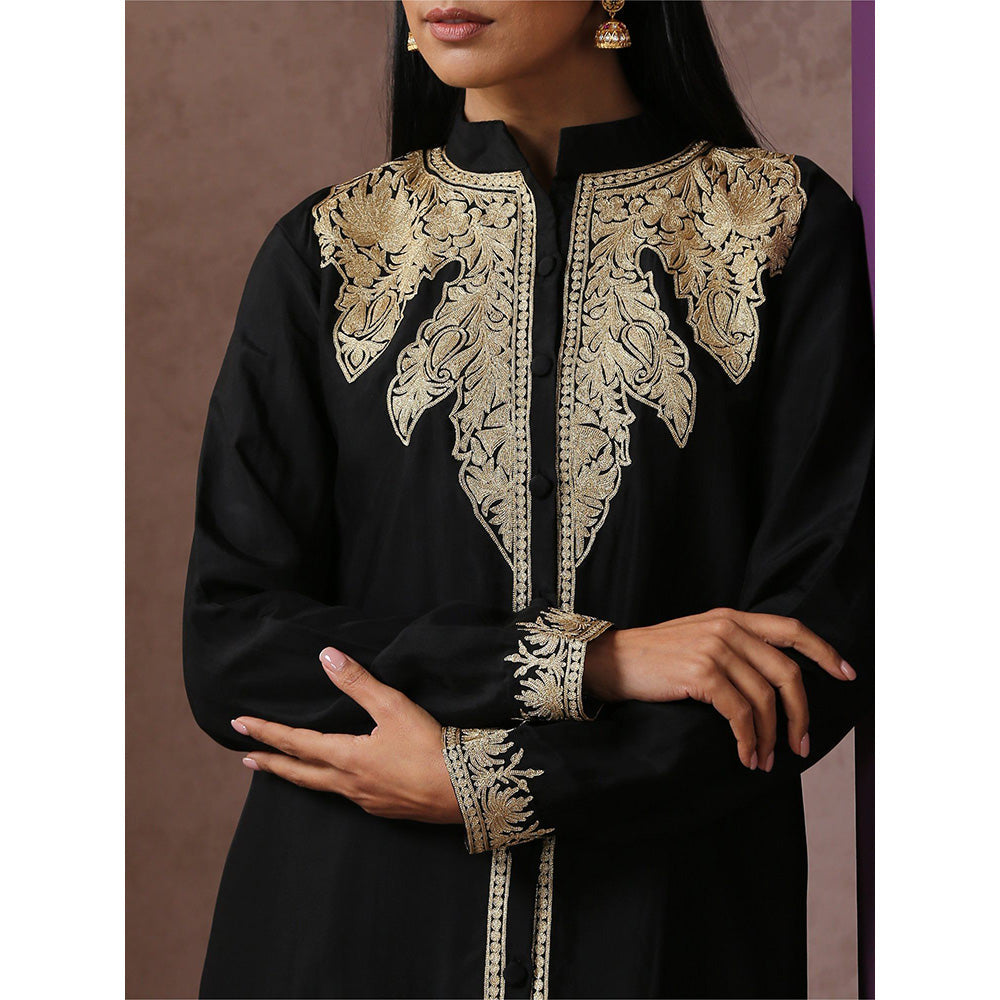 WAZIR C Black Achkan Kurta with Black Straight Fit Pants (Set of 2)