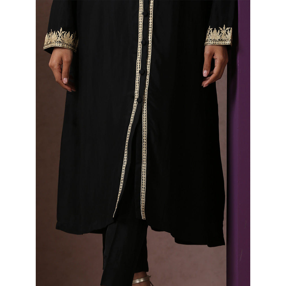 WAZIR C Black Achkan Kurta with Black Straight Fit Pants (Set of 2)