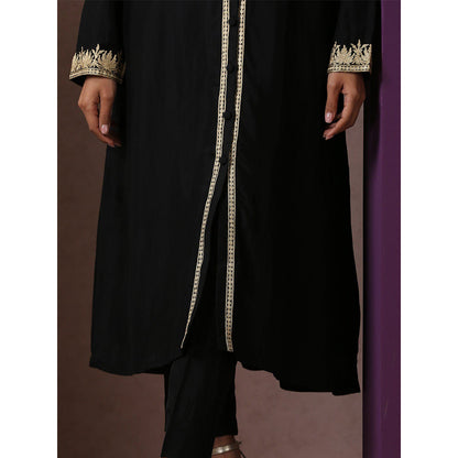 WAZIR C Black Achkan Kurta with Black Straight Fit Pants (Set of 2)
