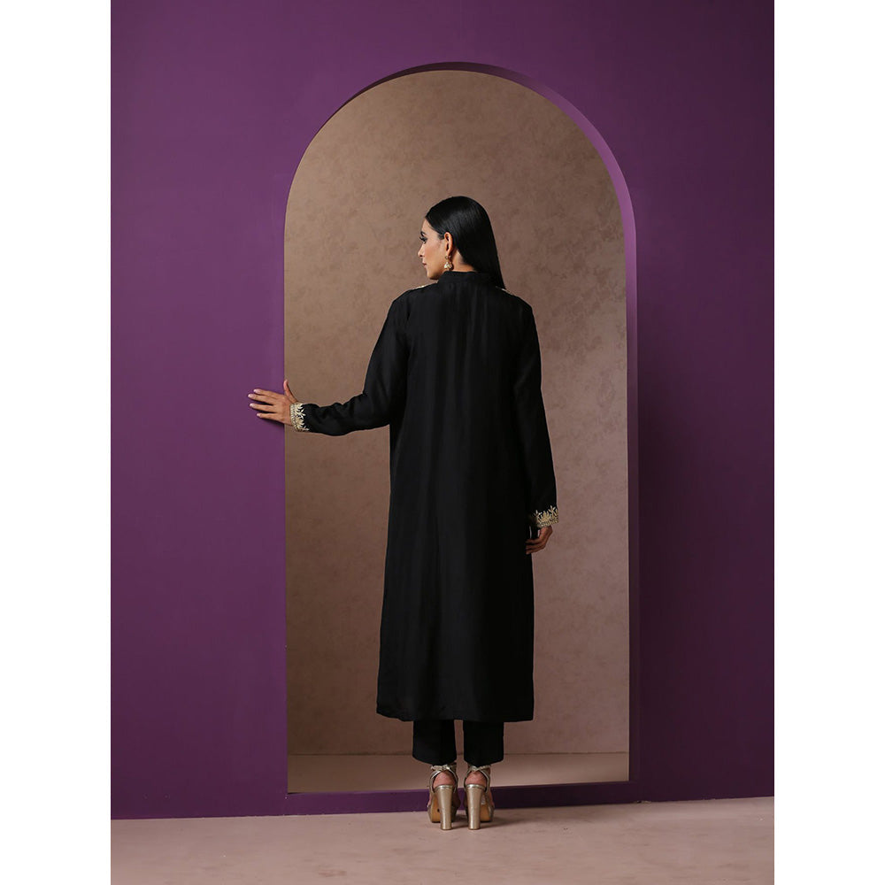 WAZIR C Black Achkan Kurta with Black Straight Fit Pants (Set of 2)