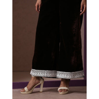 WAZIR C Brown And White Kurta with Flared Pant & Dupatta (Set of 3)