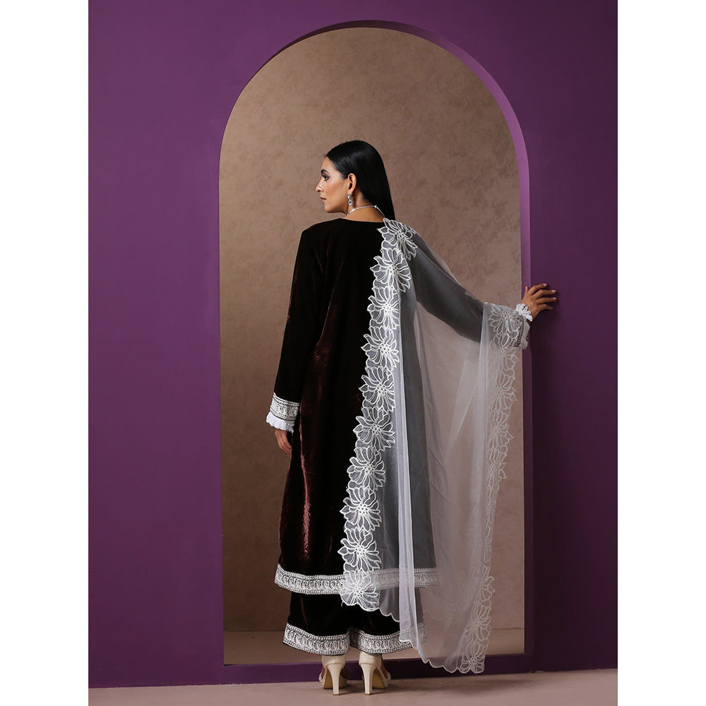 WAZIR C Brown And White Kurta with Flared Pant & Dupatta (Set of 3)