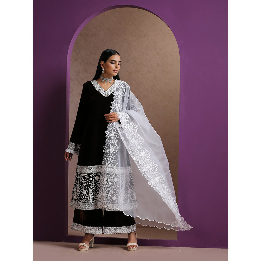 WAZIR C Brown And White Kurta with Flared Pant & Dupatta (Set of 3)