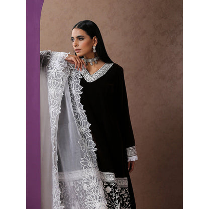 WAZIR C Brown And White Kurta with Flared Pant & Dupatta (Set of 3)